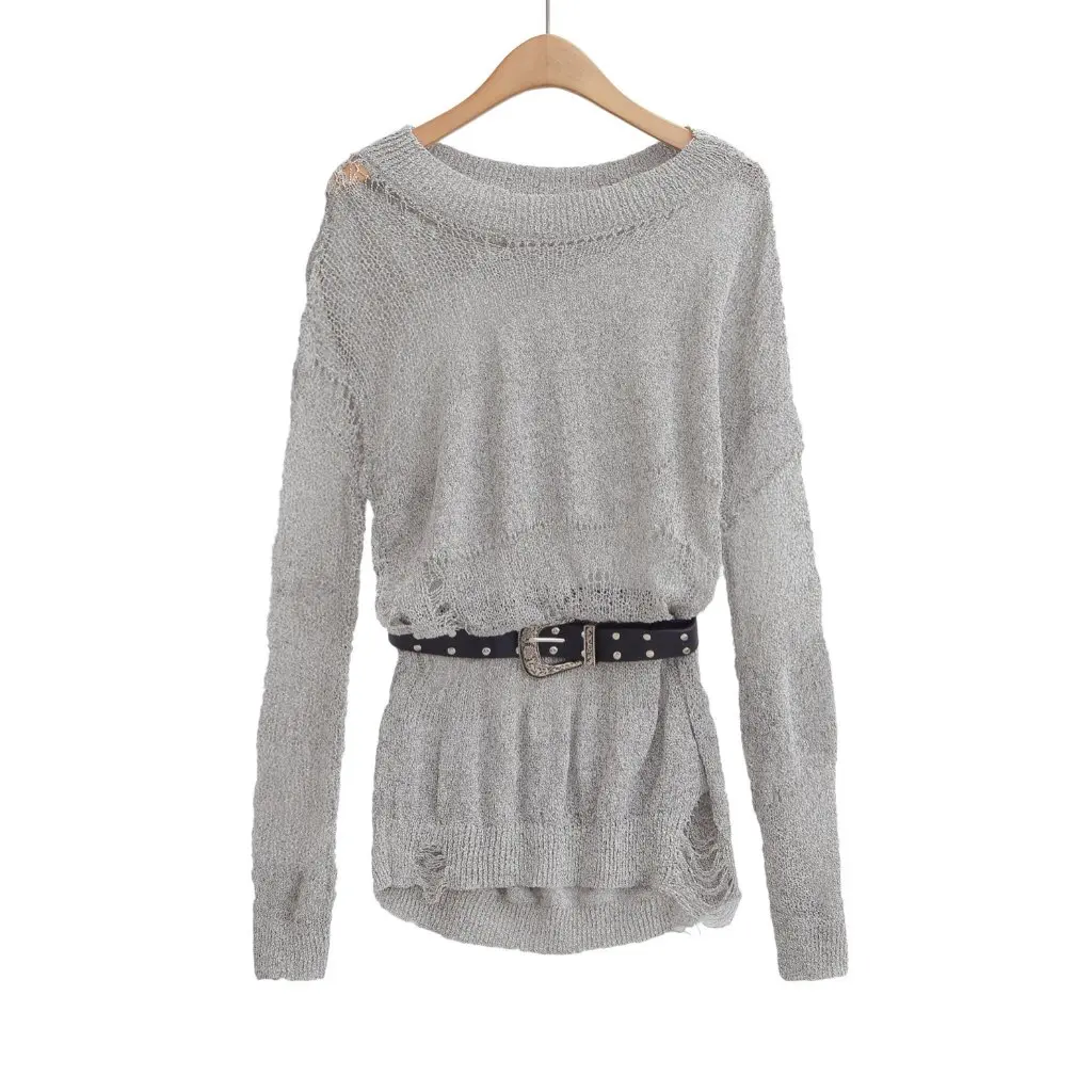 

Women's Hollow-Out Ripped Knitted Blouse Off-Shoulder Slim-Fit Long-Sleeved Top Sexy American Style for Spring