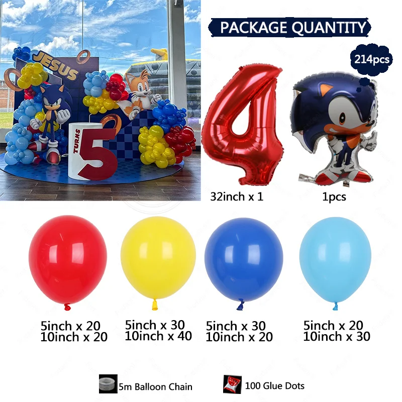 214szt Cartoon Sonic Themed Party Balloon Arch Kit Red Yellow Blue Latex Balloon Boy Birthday Party Decor Supplies Baby Shower