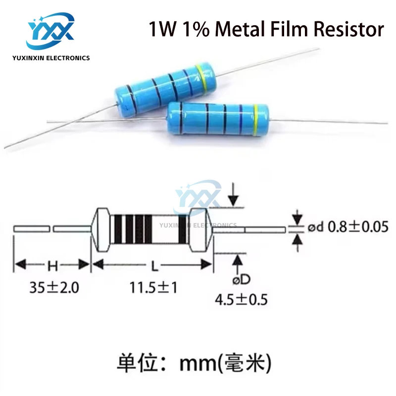 20pcs 1W 금속 필름 저항기 1% 0.1R-10M 10R 22R 47R 100R 330R 1K 4.7K 10K 22K 47K 100K 330K 470K 1 2 10 22 47 100 330 1M 옴