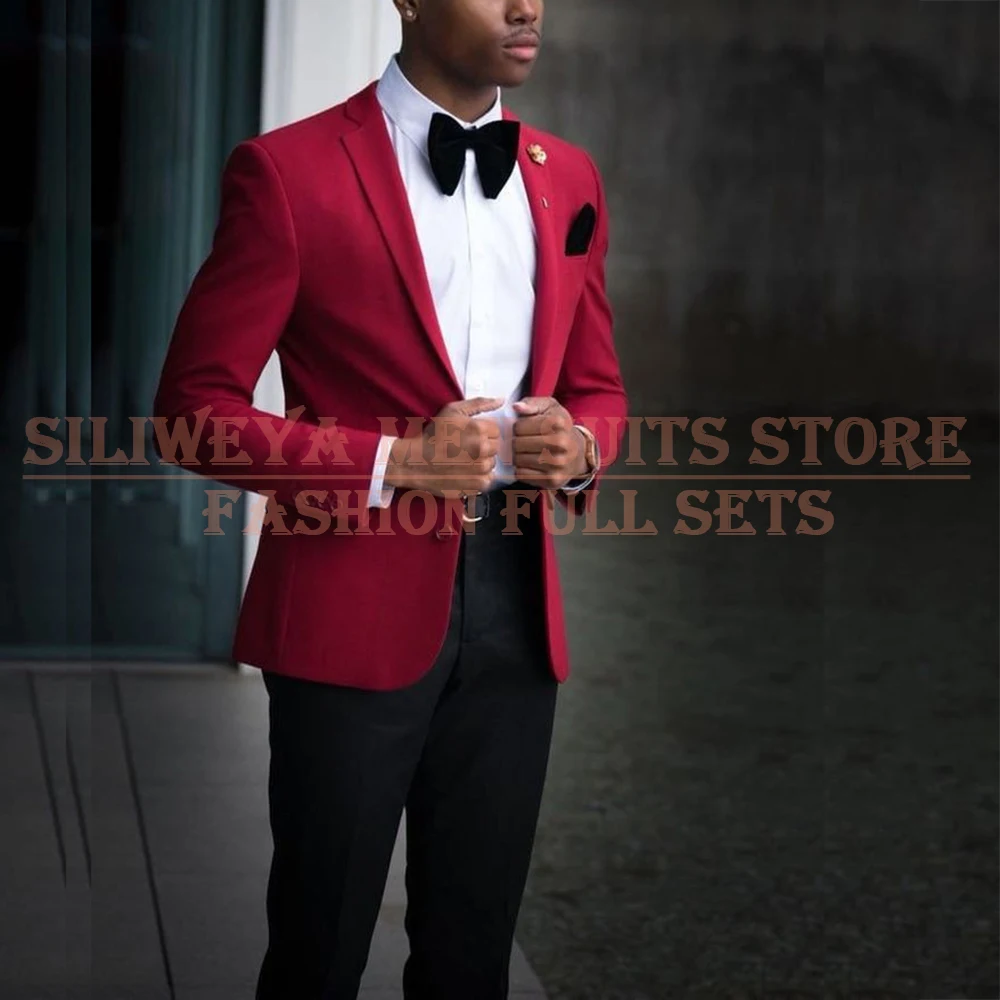 

Skinny Suits for Men 2 Piece Red Jacket With Black Pants Outfits Single Breasted Notch Lapel Slim Fit Prom Party Male Clothing