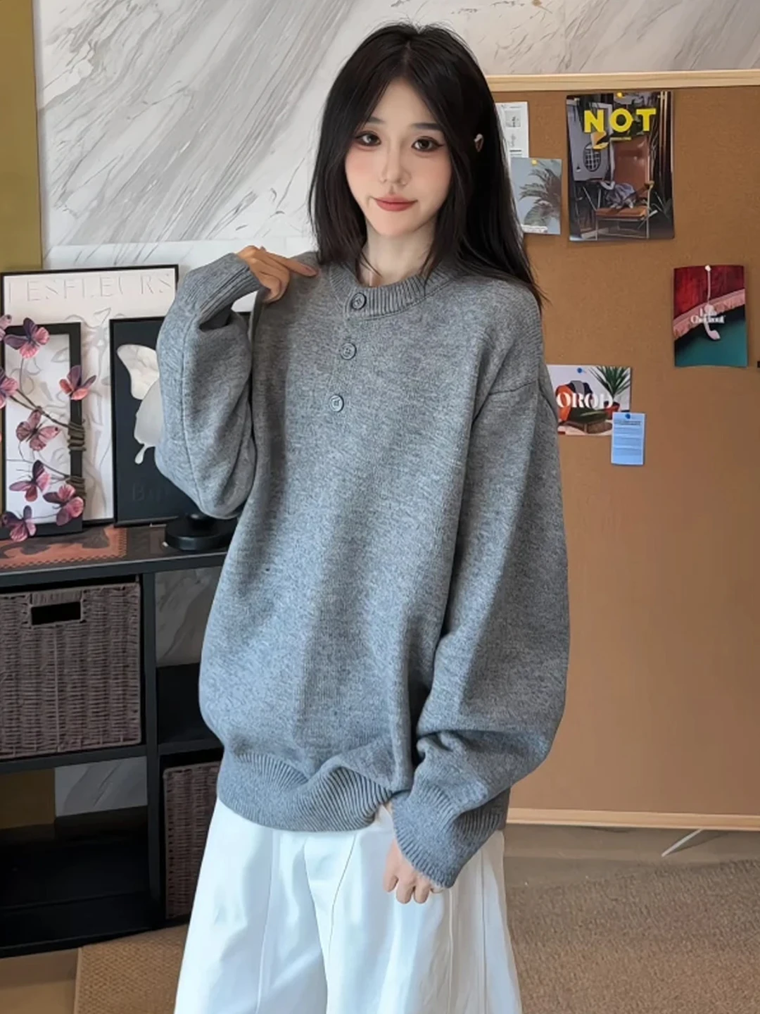 

Американский свитер с воротником хенли для мужчин и женщин, осенний, свободный, вязаный, винтажный, мягкий, из полиэстера, повседневный