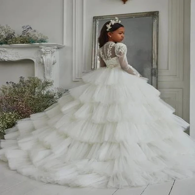 Gorgeous Long Sleeves First Communion Dress Little Princess Birthday Dresses Big Bottom Flower Girl Dress Longo AliExpress