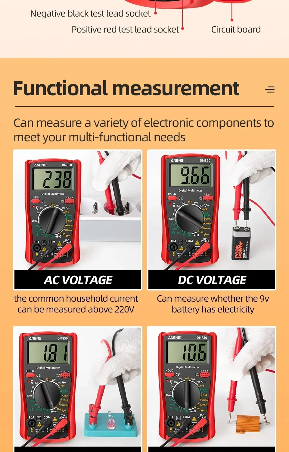 ANENG DM850 Smart Multimeter, professionelles automatisches AC/DC-Spannungsprüfgerät, 1999 Messwerte, Ohm-Amperemeter-Detektor, Widerstandsmessgerät – Detail 3