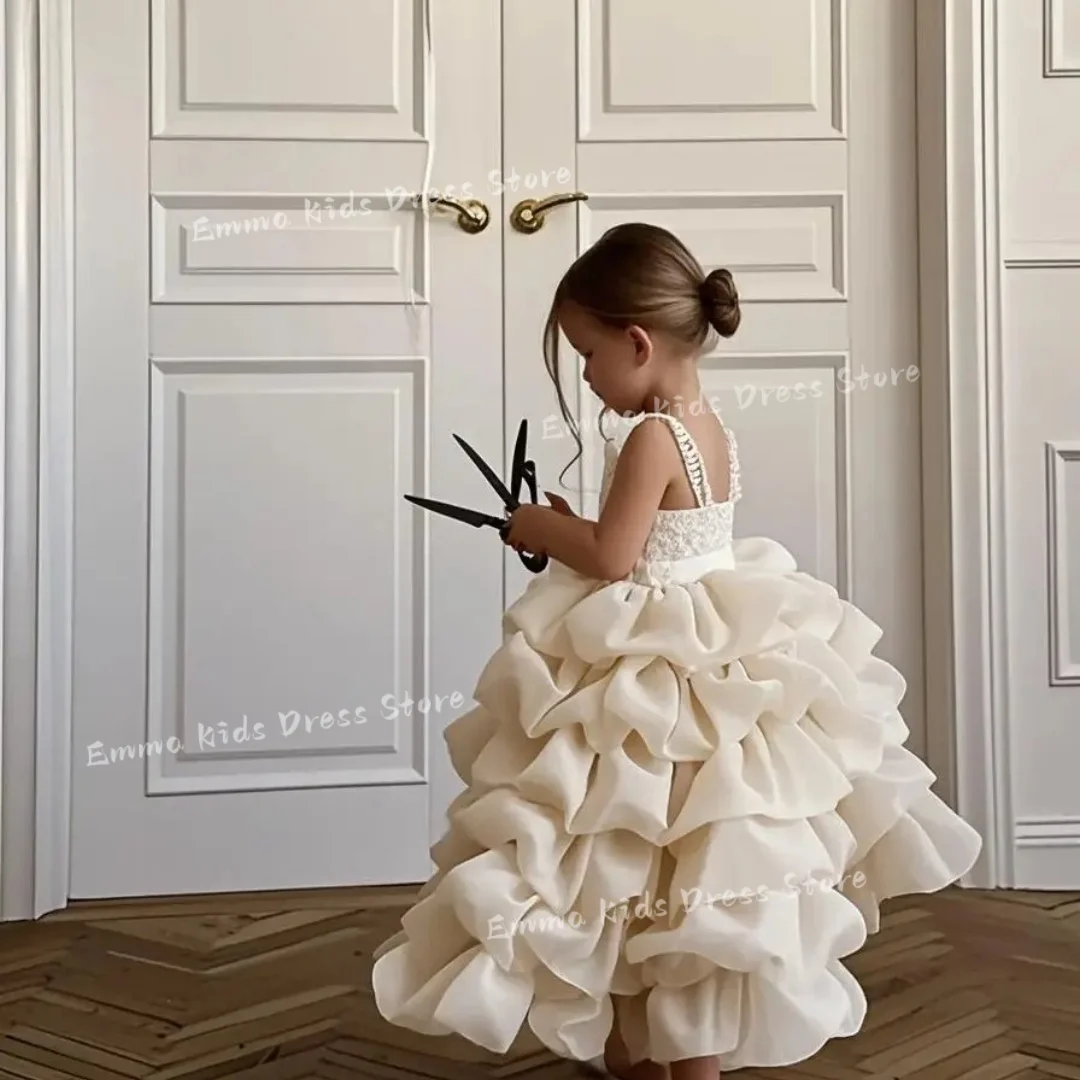 

Customized Luxury Layered Flower Girl Wedding Dress Sequined Ruched Ruffle Sleeveless Baby Girl Princess Birthday Party Dress