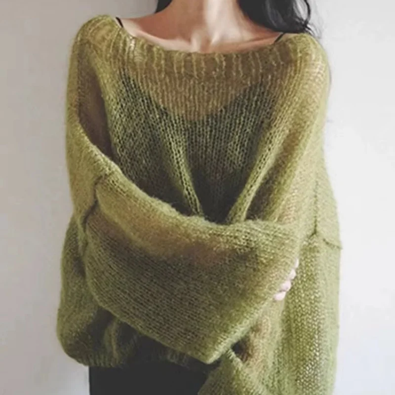Korean Fashion Green See Through Cashmere Sweater Women Causal Slash Neck Mohair Pullovers Loose Y2K Tops