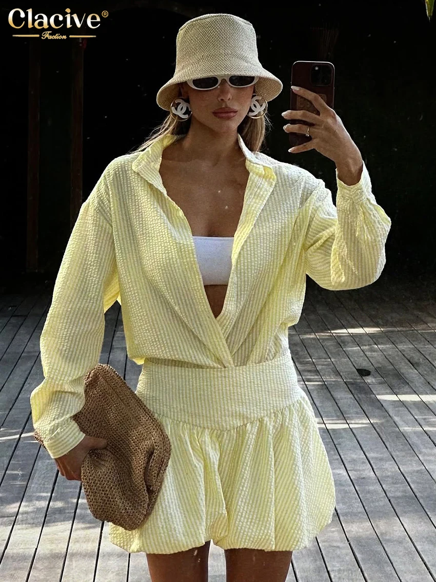 Clacive Fashion Loose Yellow Stripe Women's 2-Piece Set 2026 Elegant Long Sleeve Shirt With High Waist Skirt Set Female Clothes
