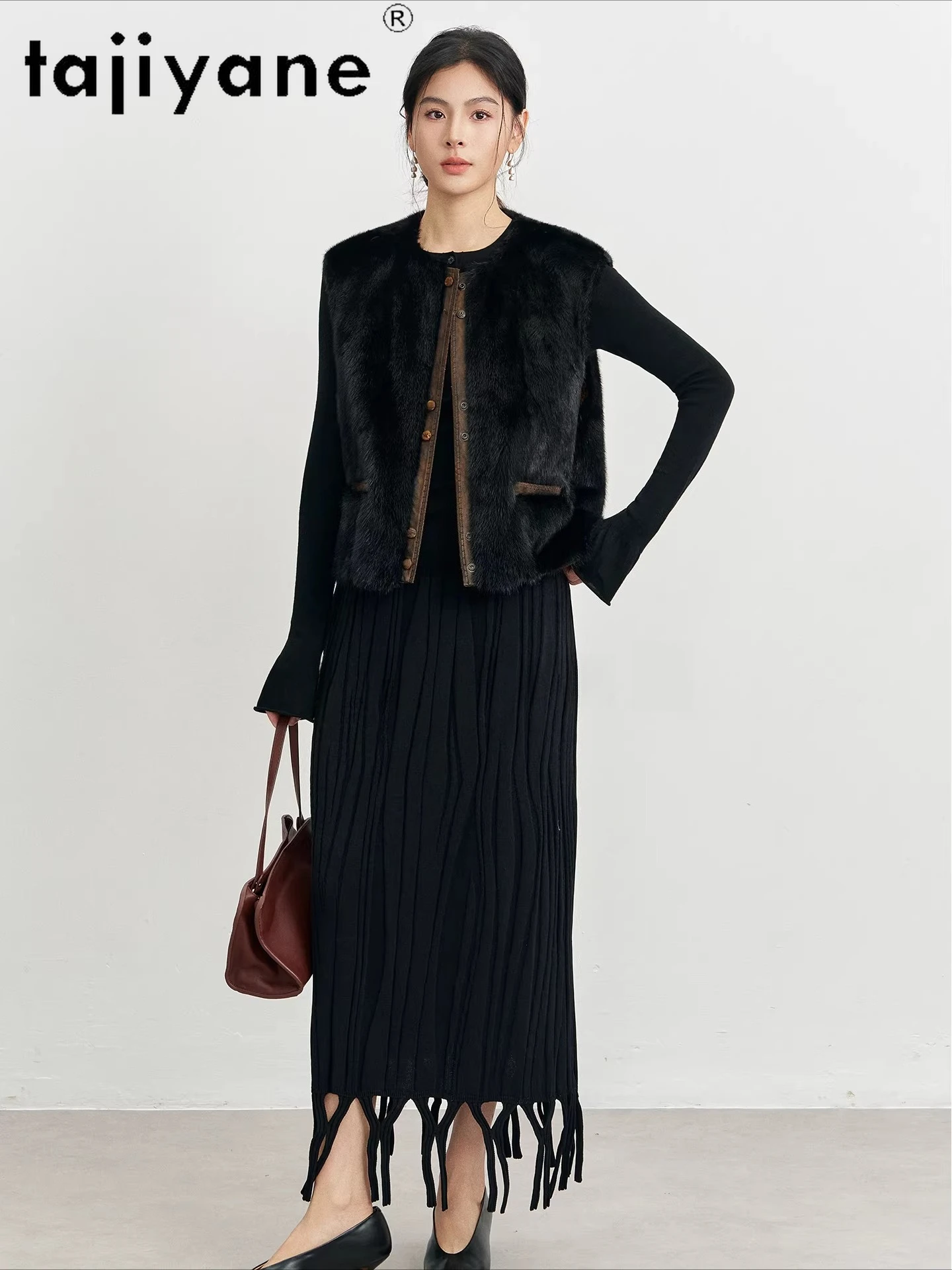 เสื้อขนสัตว์มิงค์แท้ TAJIYANE สำหรับผู้หญิง แบบสั้น ใส่ได้สองด้าน ไม่มีแขน แฟชั่นเสื้อโค้ทขนสัตว์แท้ ฤดูหนาว 2025 เสื้อผ้าผู้หญิง шуба