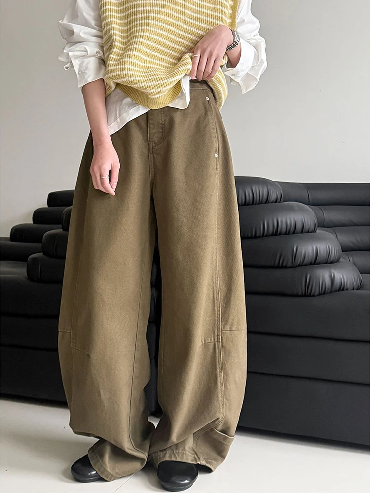 FANAN Vintage Spliced Design Jeans For Women High Waist Straight Wide Leg Denim Pants Streetwear Loose Clothing 2026 Spring New