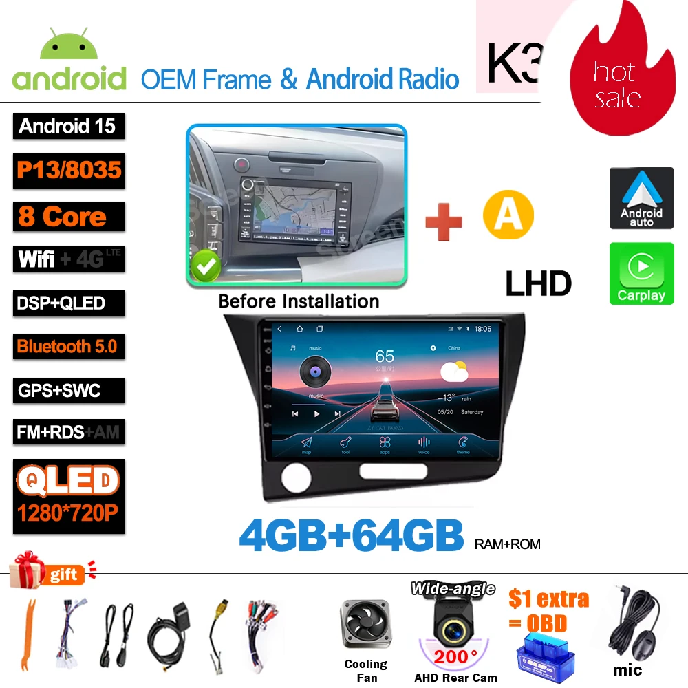 Android 16 autoradio multimediasysteem voor Honda CR-Z 1 CRZ LHD RHD 2010 - 2016, 5G draadloos Carplay touchscreen GPS navigatie stereo