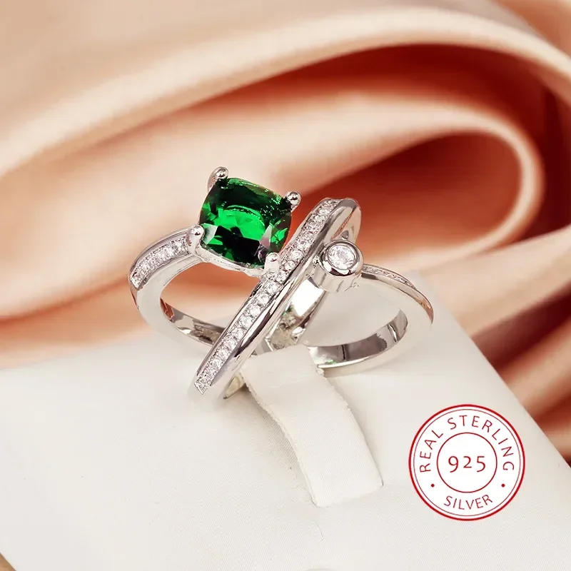 Light Luxury Niche Geometric Green Square Diamond Ring for Women's Super Shiny AAAA Full Diamond Zircon Banquet Party Jewelry