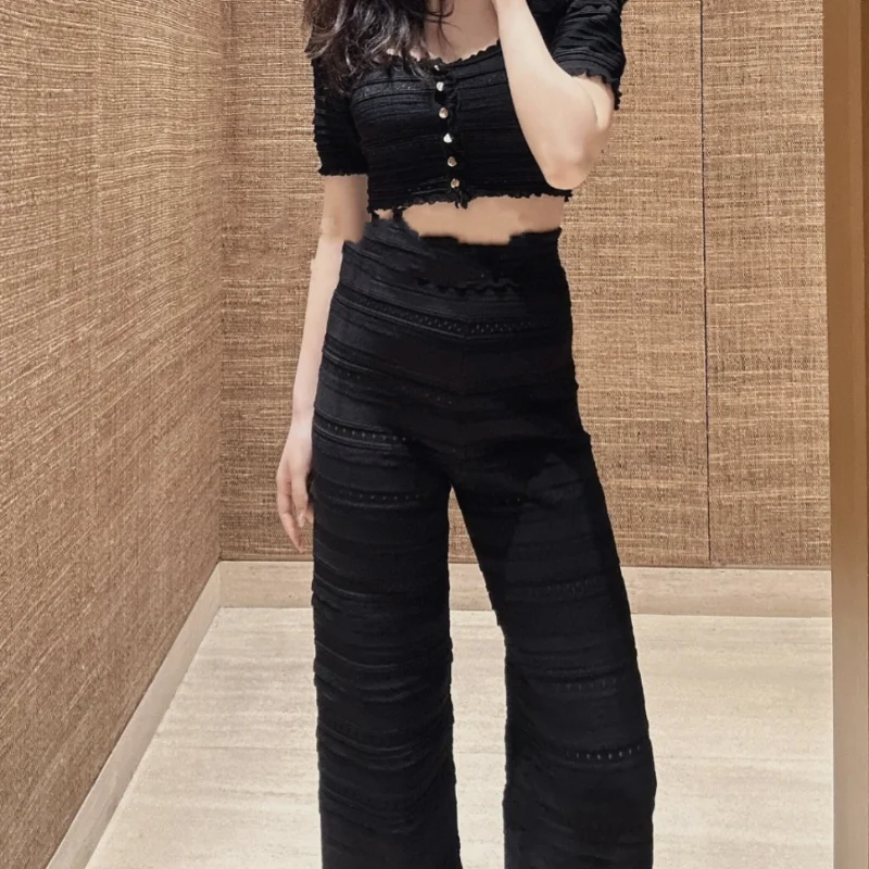 Hepburn Style 2024 Spring/Summer S Home Cutout Horn Ruffle Square Neck Cardigan Top with Casual Lace Black Knitwear Pants