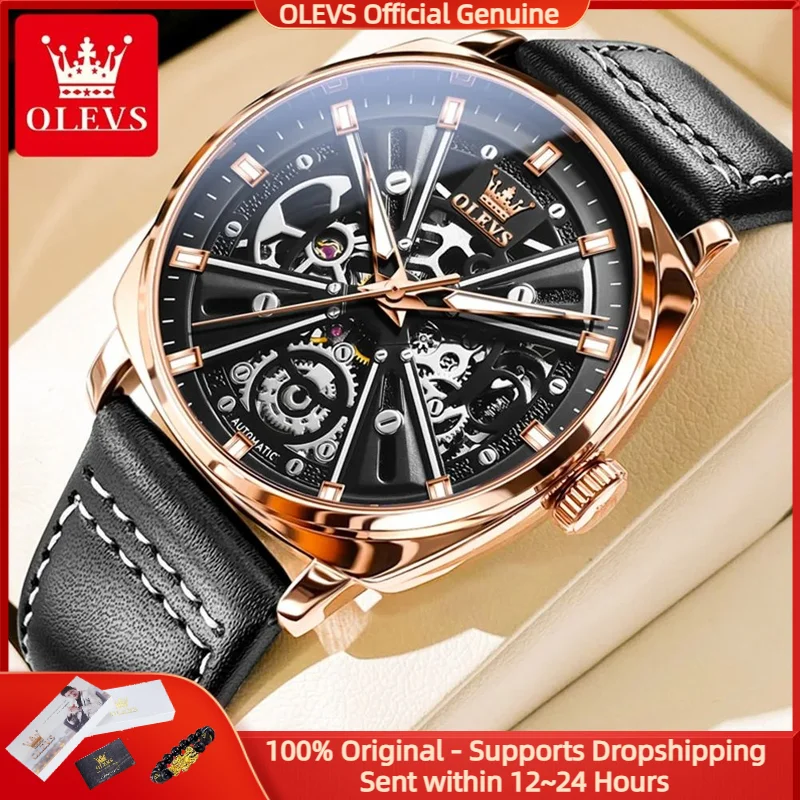 OLEVS 6685 Hollow out Mechanical Men Automatic Watch Leather Top Brand Stainless Steel Waterproof Luminous Men Formal Watch Relo