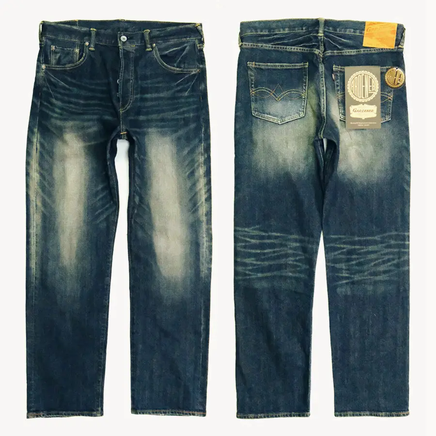 GARDENER 1954 JEANS WASHED Baffo de gato lavado pesado jeans vintage de gado de 14 onças