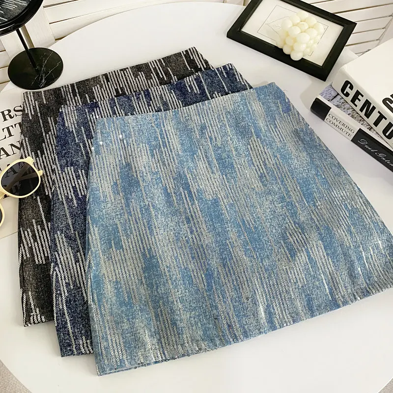 Women's Blue A-line Mini Wrap Skirt Vintage Sequins Skirt Harajuku Korean Style Y2k High Waist Short Skirts 2000s Clothes Summer