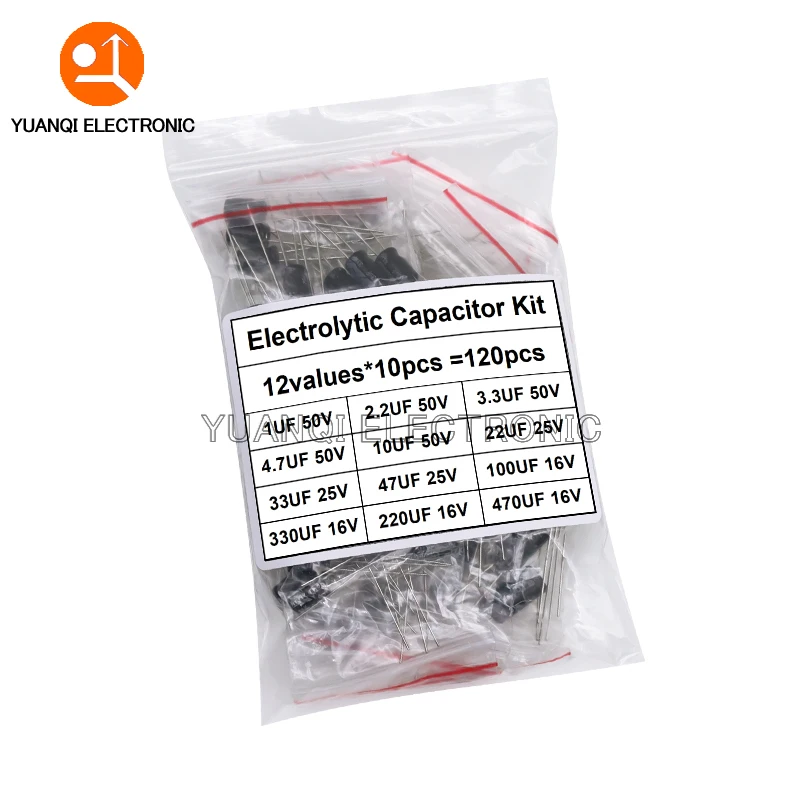 120pcs 12 value kit 1uF-470uF Electrolytic Capacitor assortment set pack 1UF 2.2UF 3.3UF 4.7UF 10UF 22UF 33UF 47UF 100UF 220UF