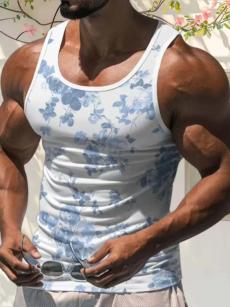 Fashion Summer Men's Casual Tank Tops 3D flower Print Pattern Sleeveless T-shirt Loose Breathable O-Neck Pullover Men's clothes