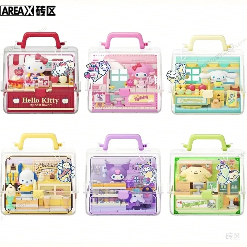AREAX New Sanrio Building Blocks Co Branded HelloKitty Pochacco Suitcase Assembled Building Blocks Toy Girl Gift