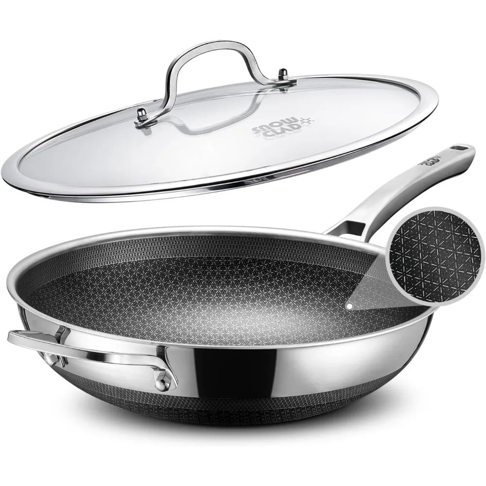 

Wok, 13 Inch Hybrid Woks Stir-fry Pans Nonstick, Non Toxic Stainless Steel Wok Pan with Lid, Dishwasher Induction Oven Broiler