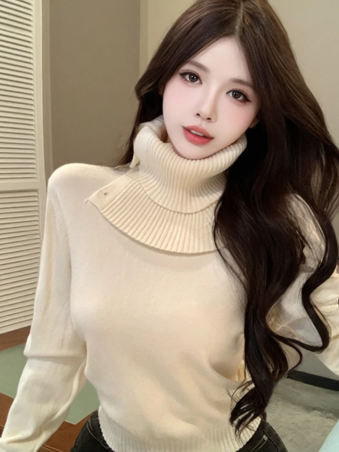 

Detachable High Collar Warm Knitted Sweater Sexy Slimming Long Sleeve Overhead Top French Style Standard Fit Polyester Fiber