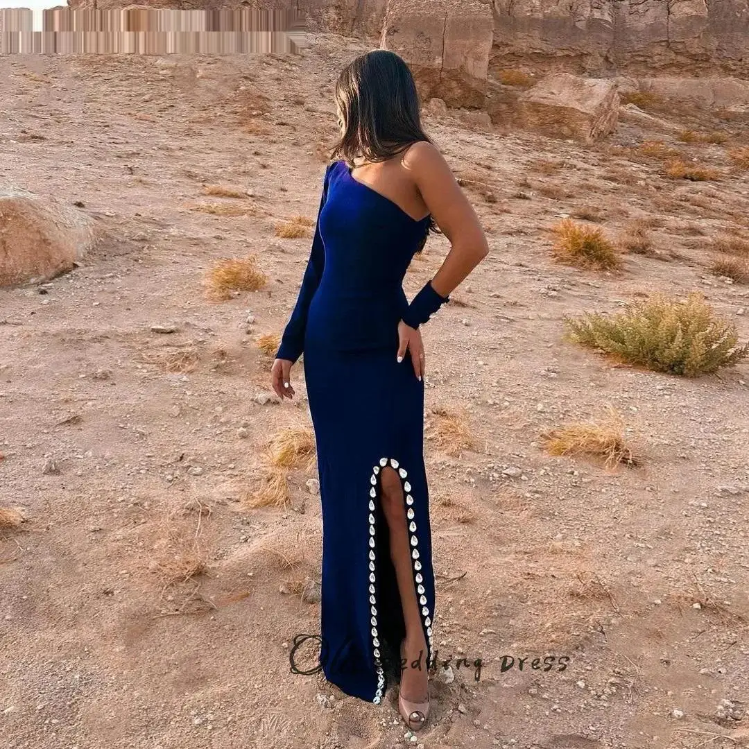 Personalizado beleza azul real vestidos de noite um ombro sexy alta fenda cristal ocasião vestido para mulher 2025vestidos de noch