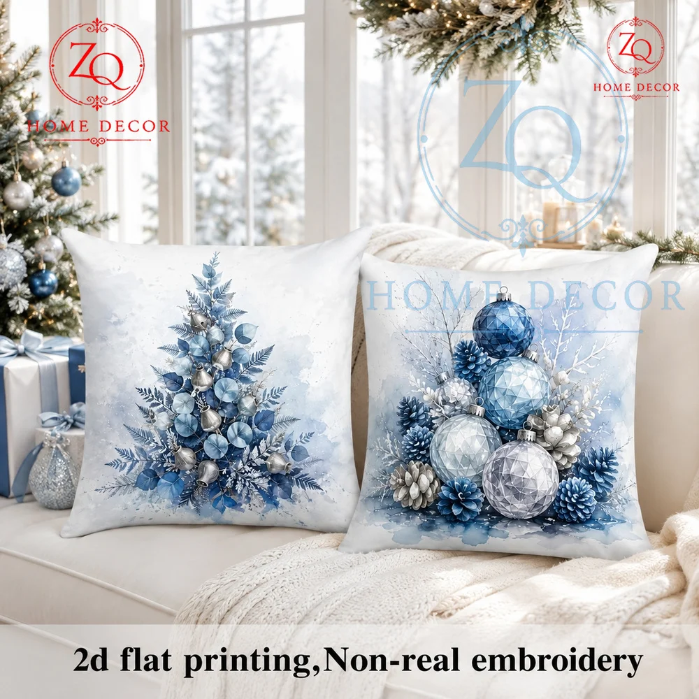 Winter Wonderland Christmas Throw Pillow Cover Blue Silver Watercolor Xmas Tree Decorative Cushion Case Couch Holiday Home Decor
