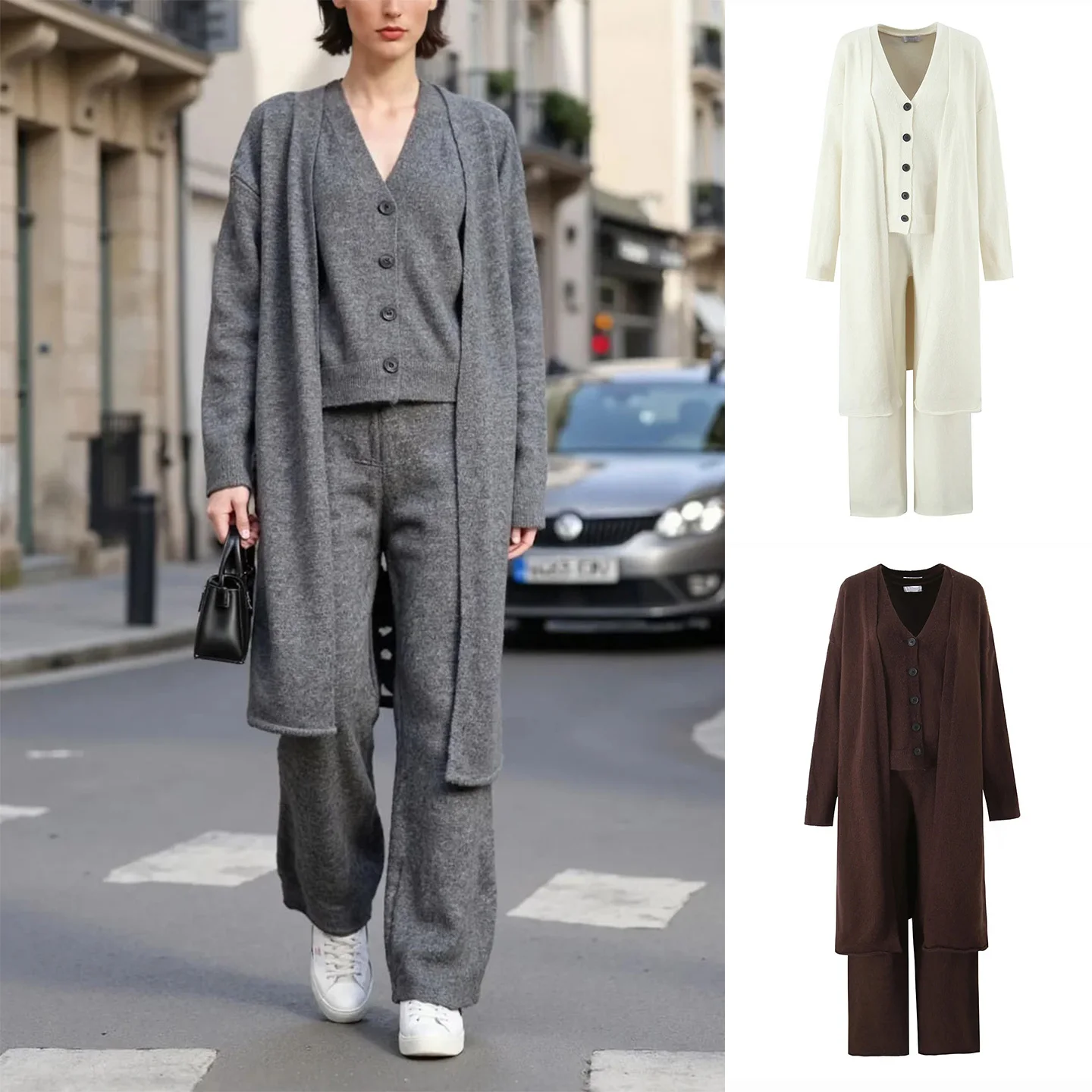 

Новый осенний женский комплект футболок Faion, жилет на одной пуговице, широкие брюки, длинная вязаная верхняя одежда, открытый кардиган, ансамбль