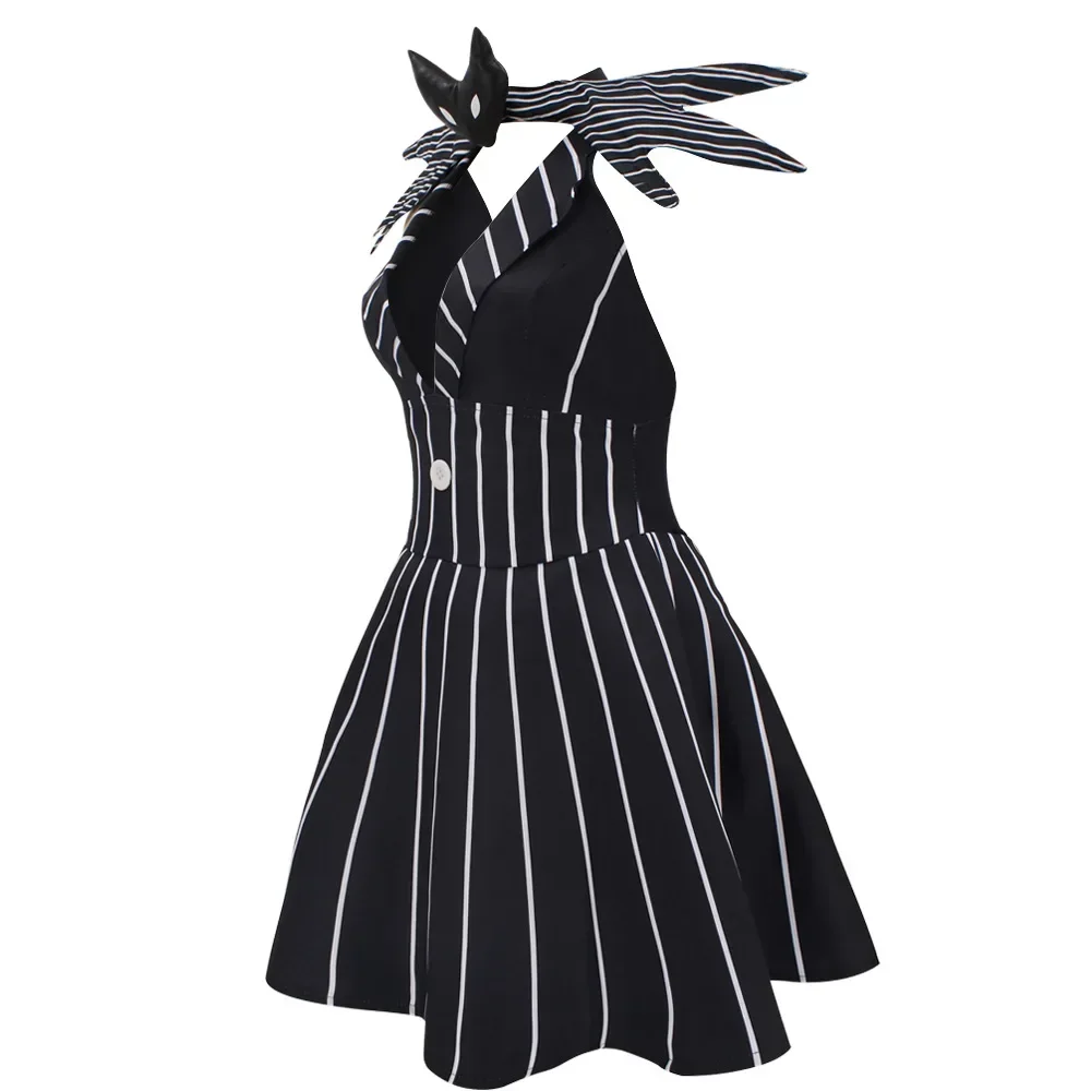 Movie Nightmare Christmas Female Jack Skeleton Cosplay Costume Women Black Skelling Stripe Dress Role Play Uniform Halloween