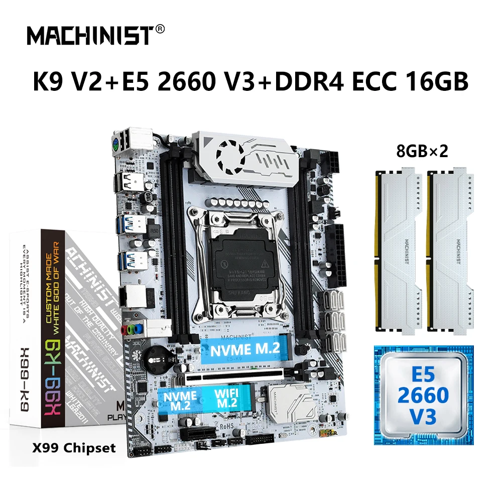 

MACHINIST X99 Motherboard Combo Kit Xeon E5 2660 V3 CPU LGA 2011-3 Processor 16GB DDR4 ECC RAM Memory NVME M.2 WIFI USB3.0 K9 V2