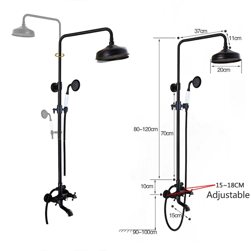 

Bathroom showerhead faucet dual handle bathtub shower set black brass 8-inch shower head