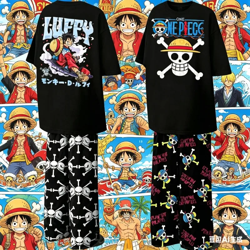 

2026 New Anime One Piece Summer Tshirts with Pajamas Pants Oversized Suits for Adult/kids Men Women Clothes Homewear Sets