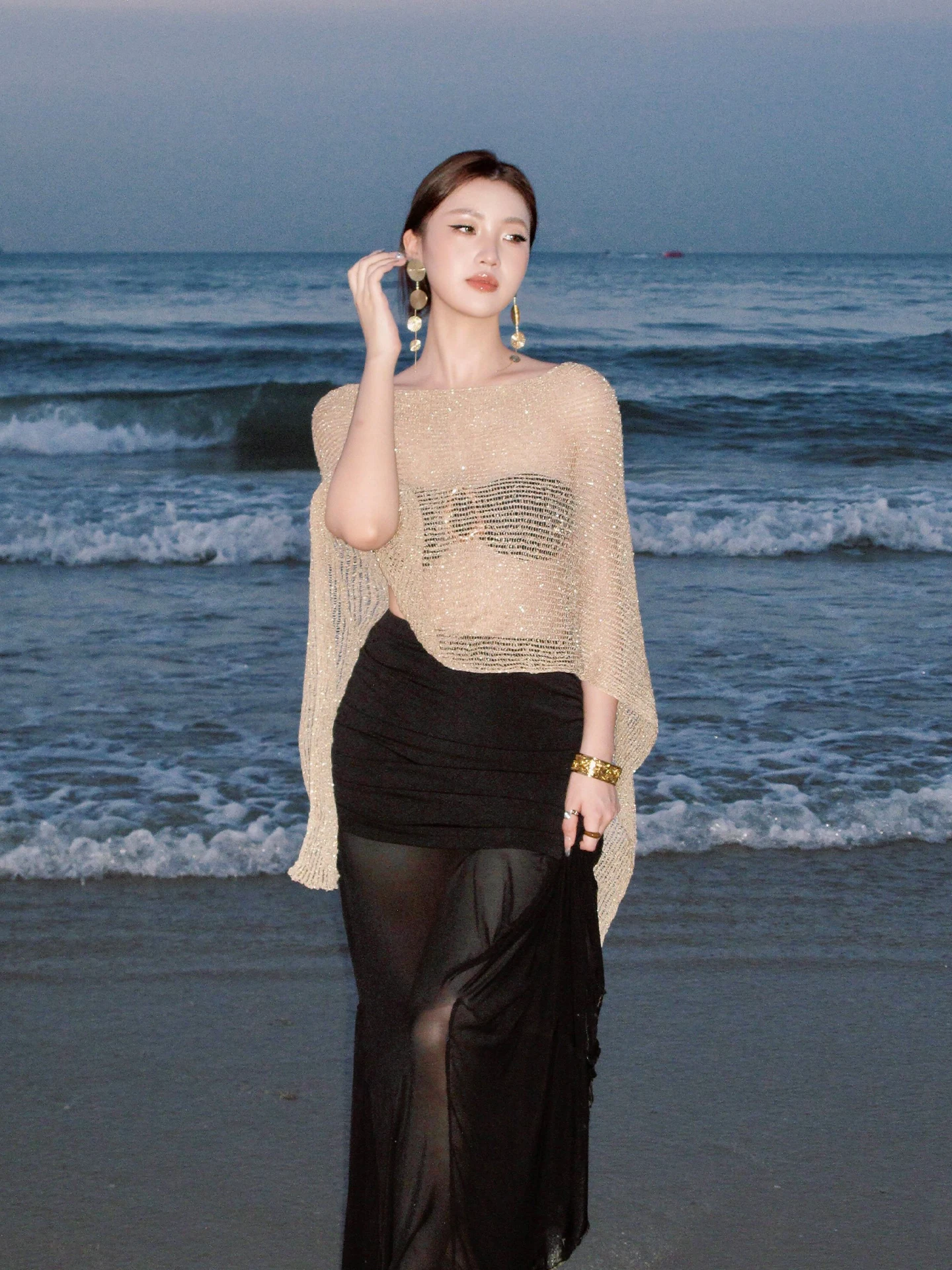 カーキ中空デザイン日焼け防止ショルダーラップニットショールカウルネックアウターウェアエレガントな夏のファッションアクセサリー