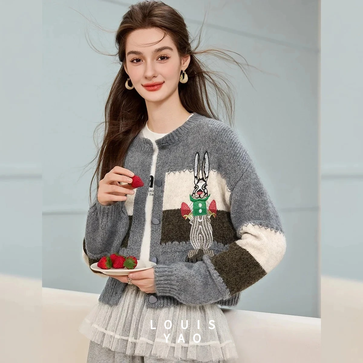 

LOUISYAO Wool Multi Color Splicing Cardigan 2025 Autumn Women Cartoon Pattern Micro Elastic Knitwear Coat