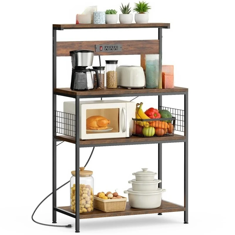 

31.5 Inch Kitchen Bakers Rack with Power Outlet Coffee Bar Table 4 Tiers Microwave Oven Stand Adjustable Storage Shelf
