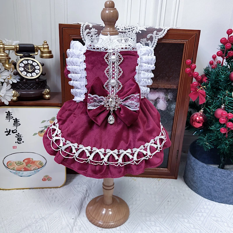 

Autumn Winter Retro Silk Red Pet Dog Clothes Fine Handmade Crystal Lace Bow Dresses For Small Medium Dog Outerdoor Puppy Coats