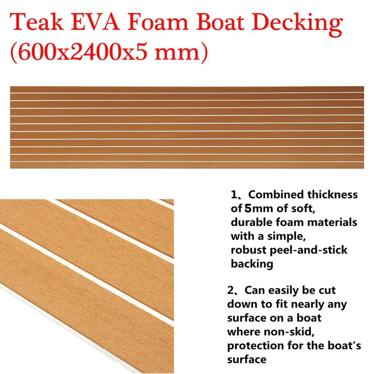 2400x600x5mm Samoprzylepna pianka Teak Decking EVA Foam Marine Flooring Faux Boat Decking Sheet Akcesoria Morskie Brązowy Biały