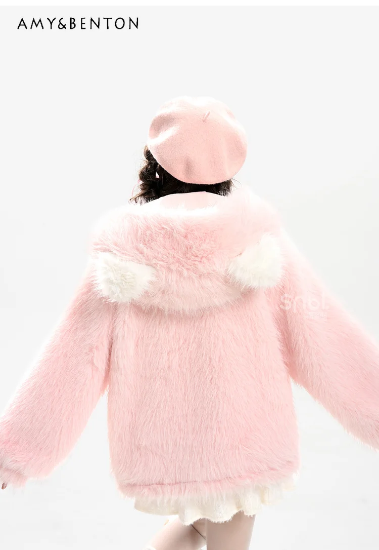 Original Pink Sweet Cute Cat Hooded Plush Jacket Autumn New College Style Kawaii Patchwork Loose Thickened Jackets for Women