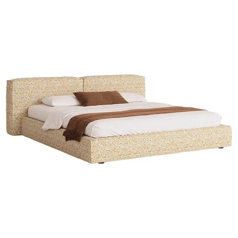 Wabi Sabi Tofu Block Double Bed Cotton Linen Fabric Modern Light Luxury Master Bedroom Villa Furniture