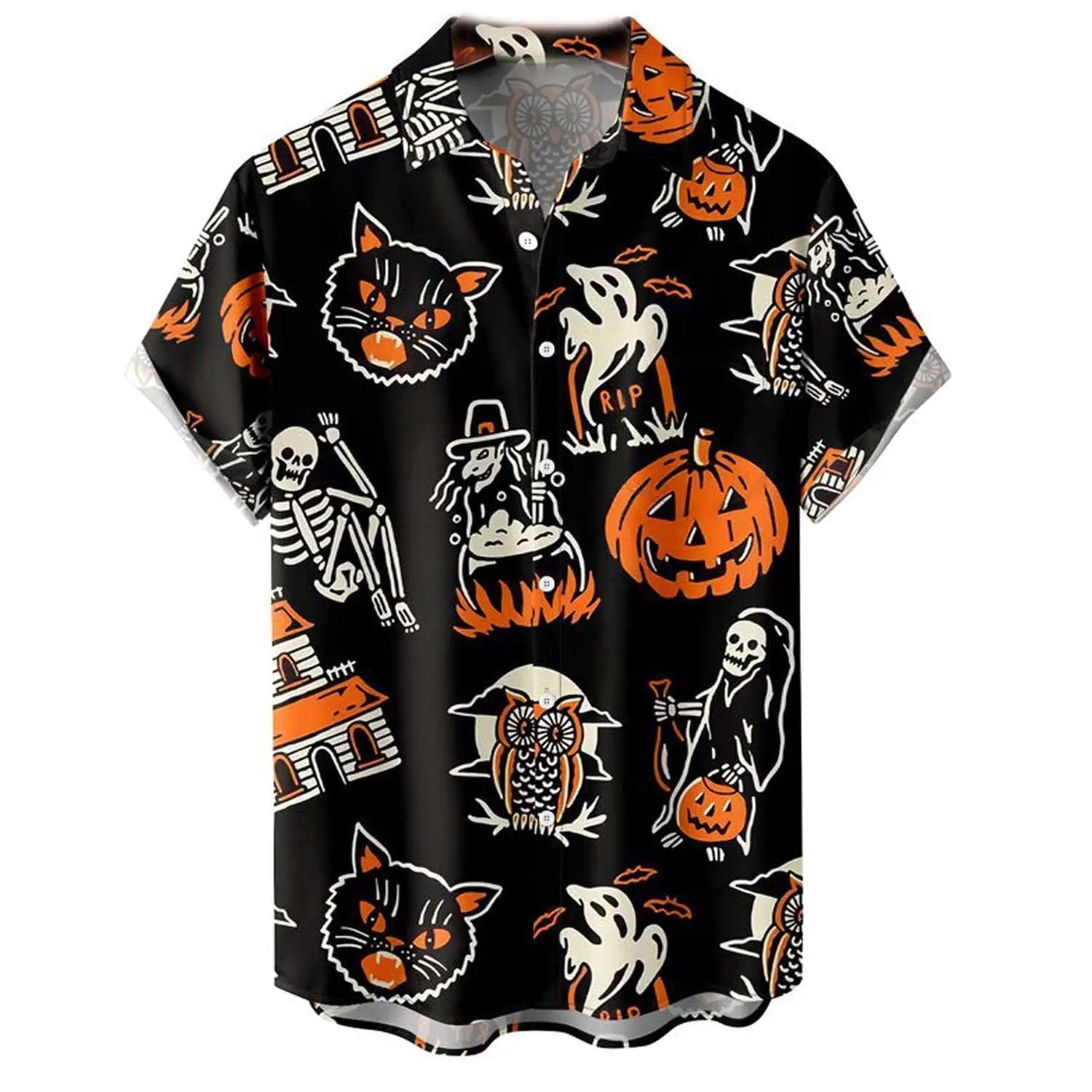 

Men Vintage Shirt Summer New Hawaiian Short Sleeve Skull Shirt Mens Halloween Pumpkin Print Beach Shirts Man Oversized Techwear