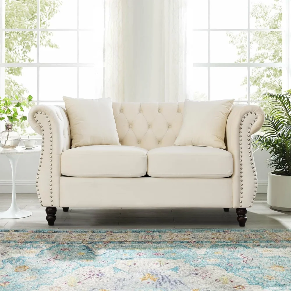 

59" Chesterfield Loveseat Velvet Sofa for Living Room,2-Seater Sofa Tufted Couch with Two Pillows