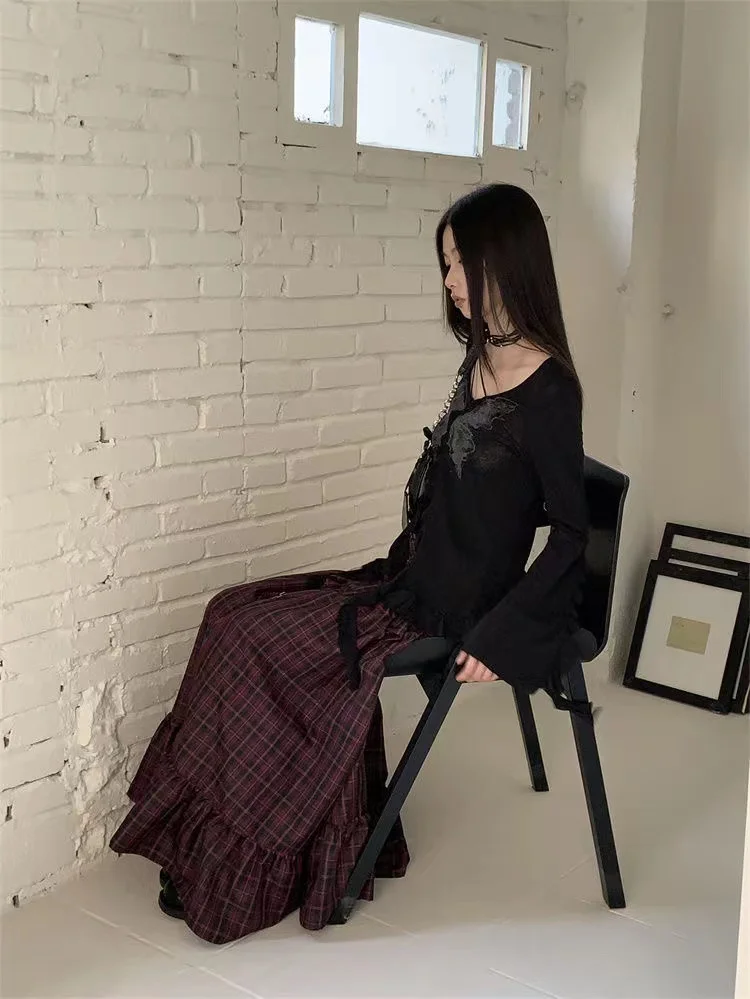 Donne Vintage Plaid Ruffles Long Maxi gonna coreano Harajuku Zipper Belt vita alta a-line gonne 2000s Y2k Street Gothic Clothes