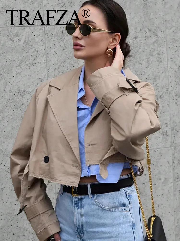 HH Dámské ležérní krátký trenčkot s dlouhým rukávem, vroubkovanou klopou, volné bundy s páskem, elegantní dámské knoflíky - náhled 3