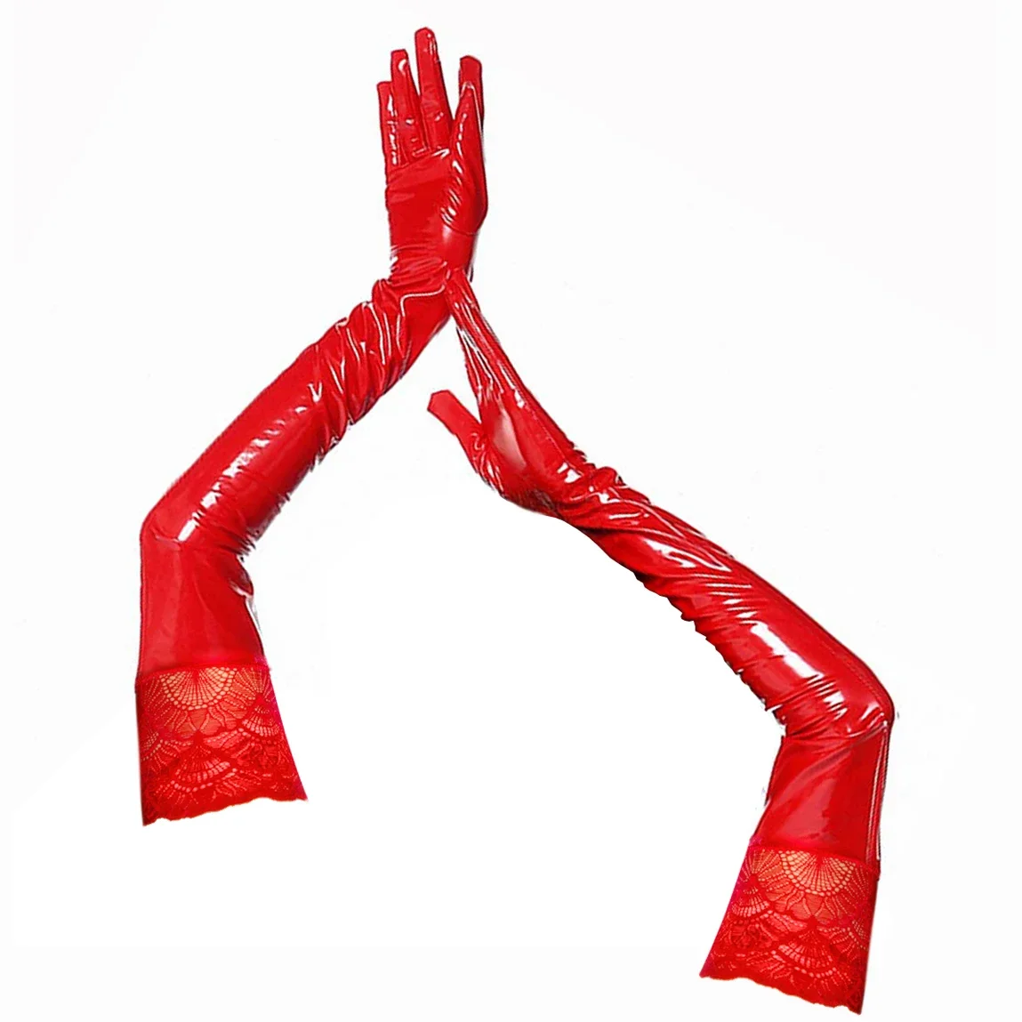 Women's Glossy PVC Leather Gloves With Lace Trim, Full Finger Ladies PU Latex Mittens for Gothic Nightclub Cosplay