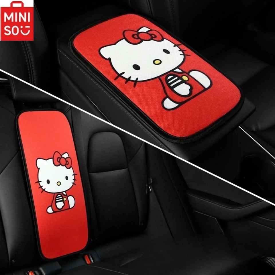 

MINISO HelloKitty Car Front and Rear Armrest Box Cotton and Linen Anti-slip Mat Cartoon Kitty Central Armrest Pad Breathable Pad