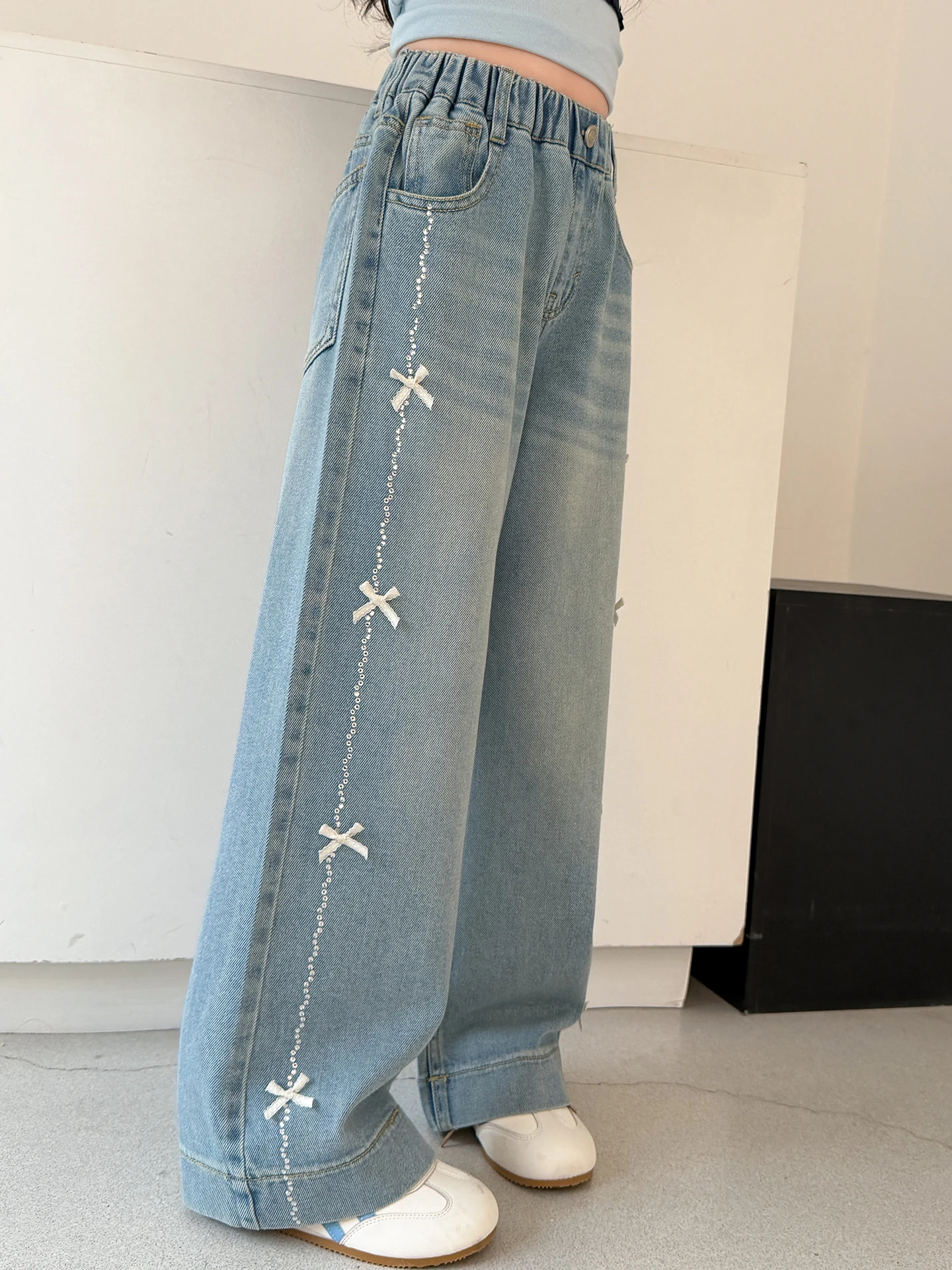 

Spring Faion Girls' Denim Pants Knot Wide Leg Jeans Middle School Girls' Clothing Sparkling Rhinestone Middle Hig...