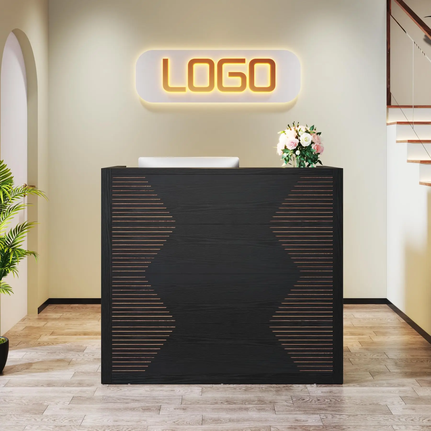#ji Tribesigns 47 Inch Modern Reception Desk Front Counter For Retail Checkout Lobby Salon Small Office Reception Area Black