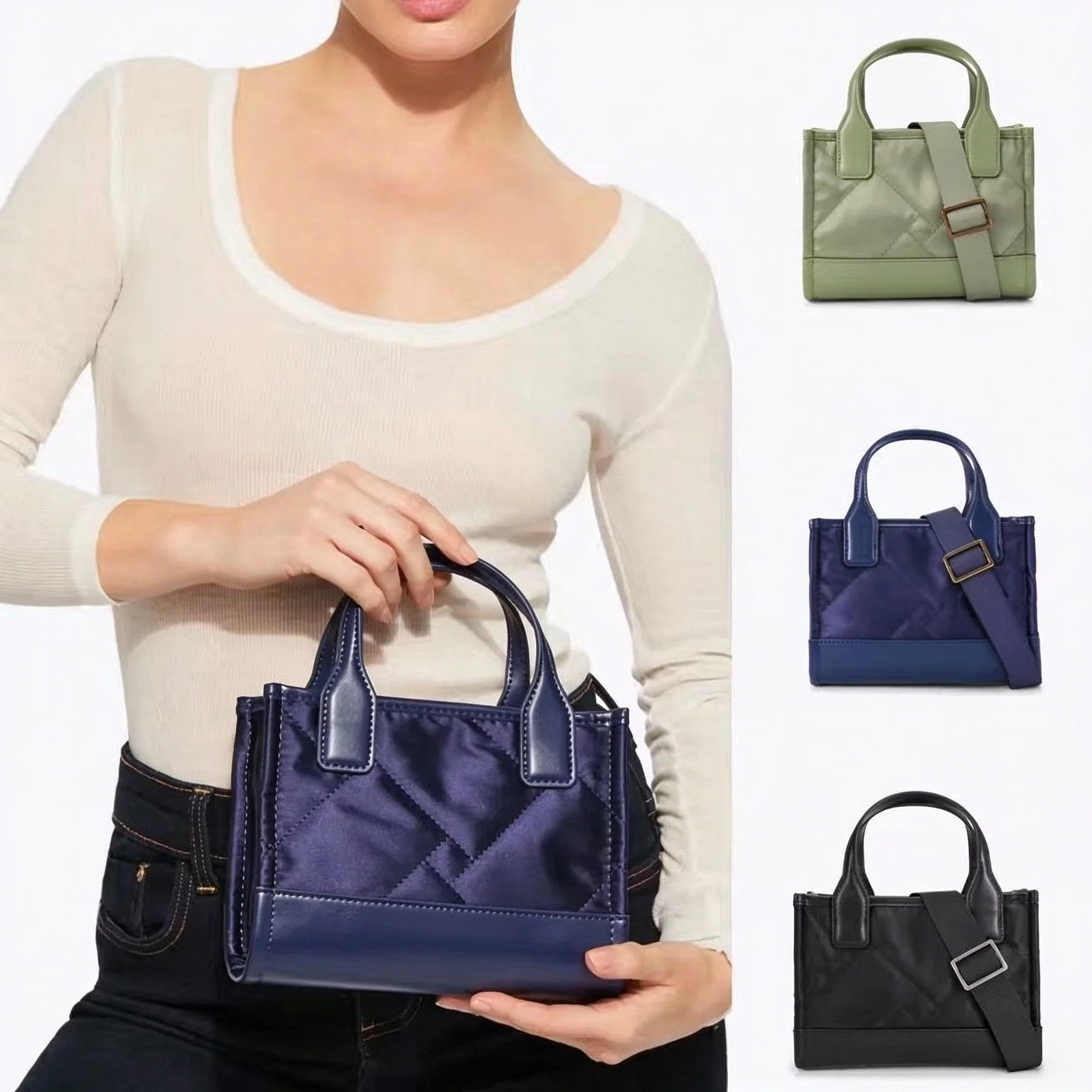 Women Mini Quilted Tote Bag Diamond Stitched Crossbody Handbag Wide Strap Top Handle Small Shoulder Bag Multi Color Daily Purse