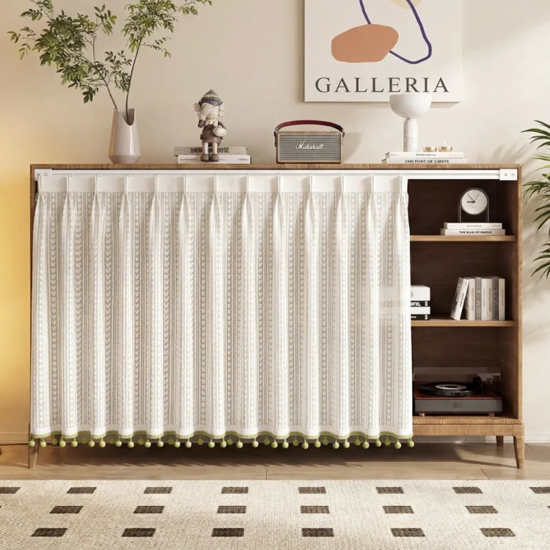 Elegant Sheer Gauze Cabinet Curtain Pom‑pom Trim No‑Drill Slide Rail Dustproof Cover For Shelf Cupboard Shoe Bookcase Home Decor