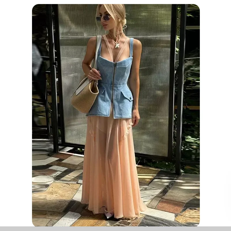 

Summer Solid Color Vintage Style Waist-Cinching Slimming Patchwork Denim Crop Dress