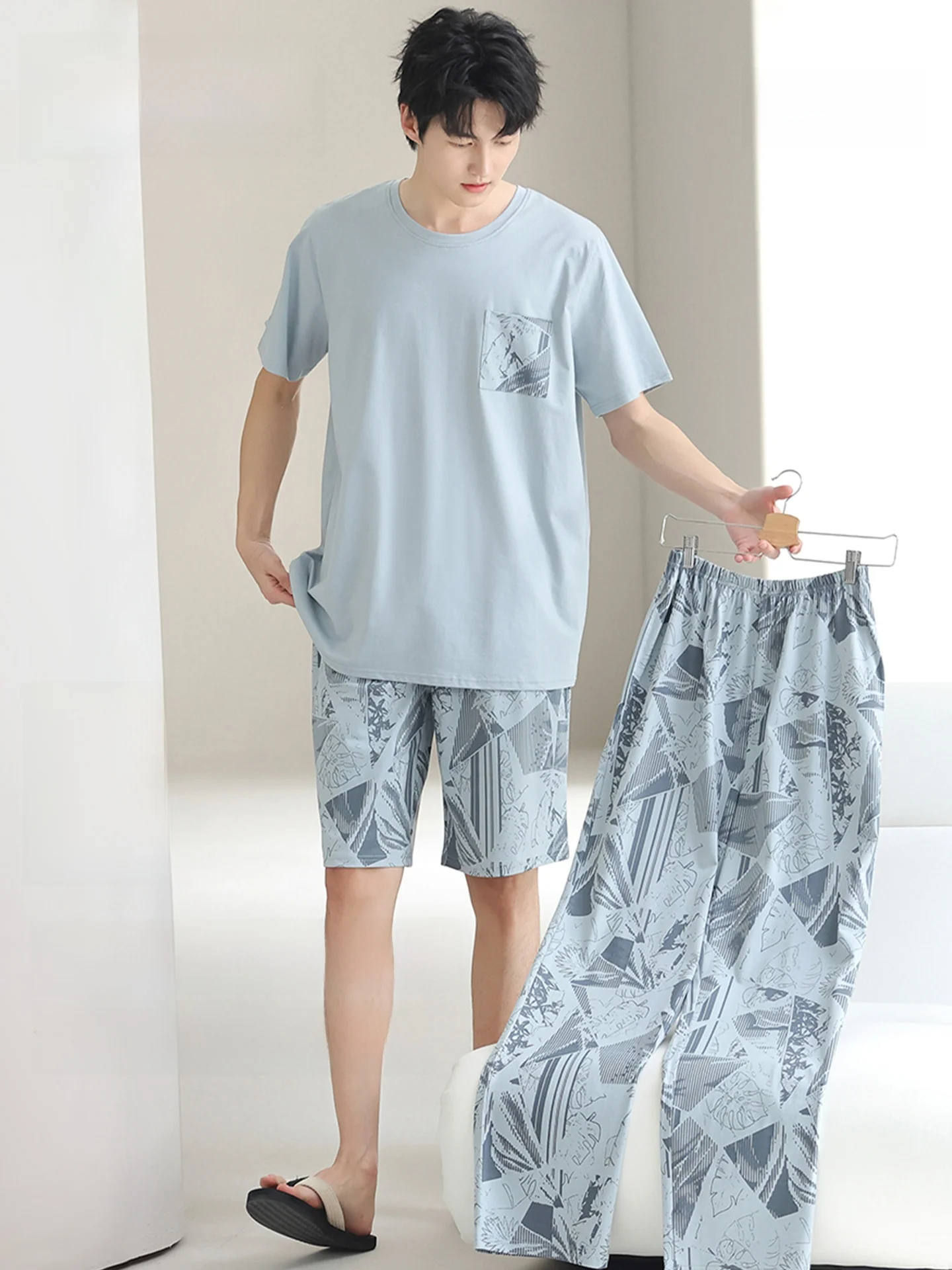 Men's Summer Sleepwear Cotton Pajamas Short Sleeve Long Pants Soft Cotton Home Clothes Three-piece Set Breathable Comfortable