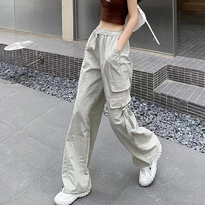 American Style Women Quick Drying Work Pants Summer Female High Waisted Motion Casual Trousers Lady Loose Solid Color Pantalons